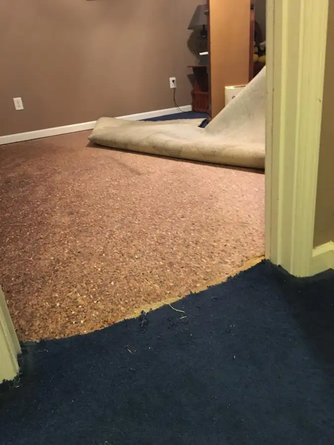 Carpet pad removal revealing water damage during Drying & Dehumidification in Rigby
